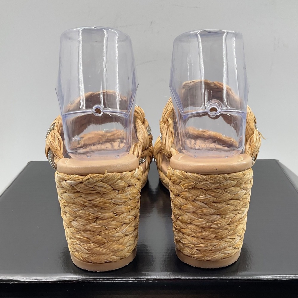 Stuart Weitzman Braided Raffia Crystal Wedge Sandals Natural Tan Women Size 8 - Picture 10 of 14